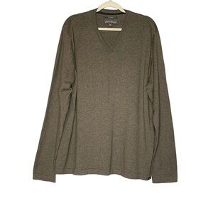 Eddie‎ Bauer cotton merino wool heathered tan grey v-neck sweater. Size XL